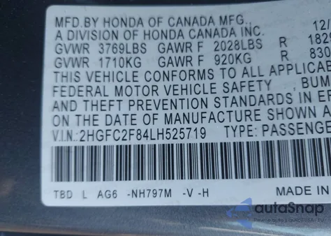 2020 Honda Civic Sport из США, поврежденный, VIN 2HGFC2F84LH525719